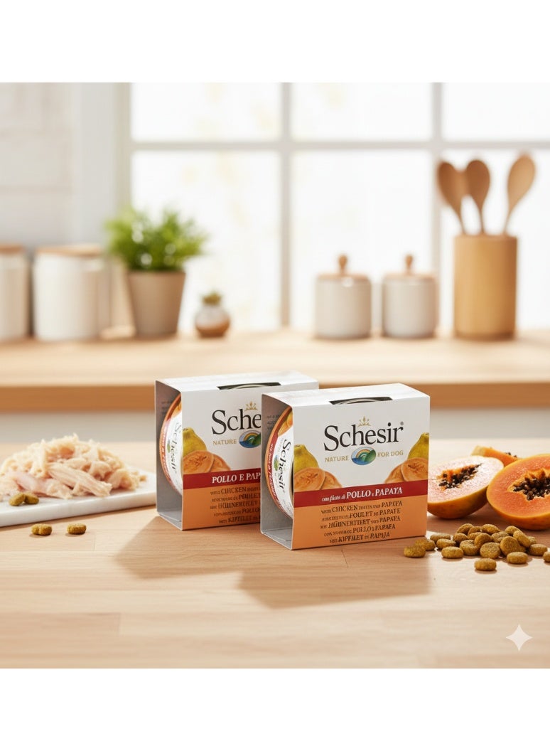 شيزير (Schesir) طبيعي للكلاب - عبوة من قطعتين 🐾 - فيليه الدجاج مع البابايا - مكونات طبيعية 100% - 300 جم (2 علبة × 150 جم) ✨